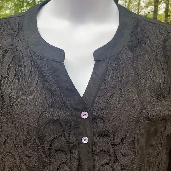 Black Pattern Button Up Back High Low Long Sleeve Top Blouse Shirt XXL - Picture 3 of 5
